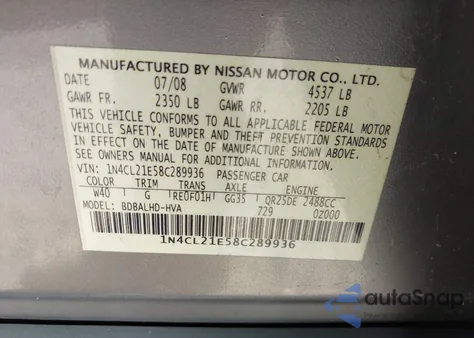 2008 Nissan Altima Hybrid z USA, uszkodzony, nr VIN 1N4CL21E58C289936